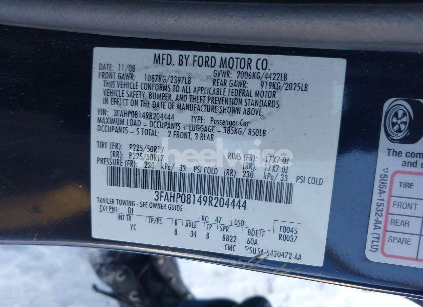 Photo 9 of 2009 Ford Fusion SEL (VIN 3FAHP08149R204444)