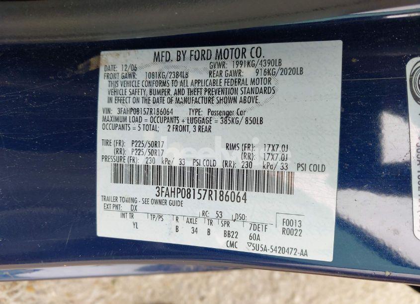Photo 9 of 2007 Ford Fusion SEL (VIN 3FAHP08157R186064)