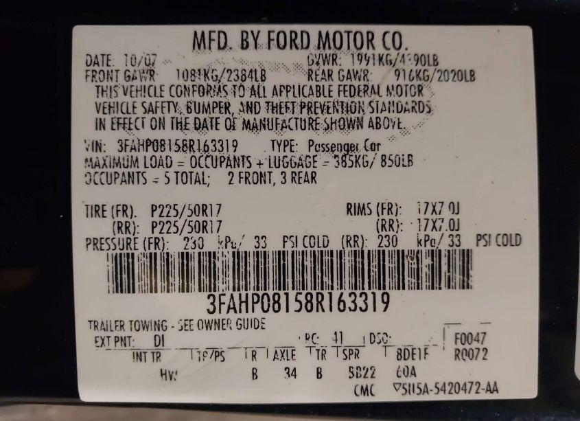 Photo 9 of 2008 Ford Fusion SEL (VIN 3FAHP08158R163319)
