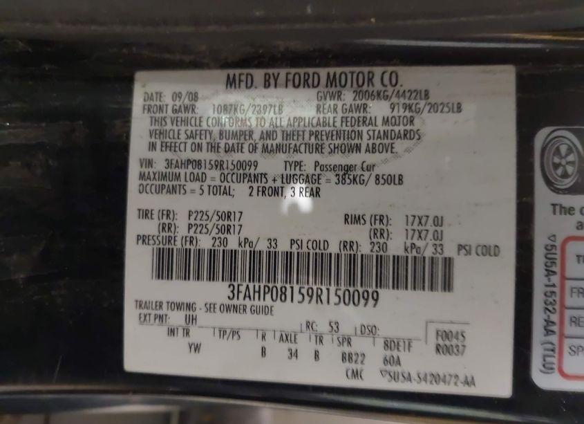 Photo 9 of 2009 Ford Fusion SEL (VIN 3FAHP08159R150099)