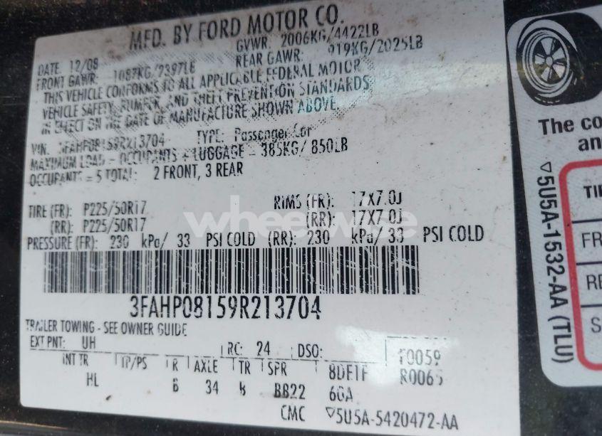 Photo 9 of 2009 Ford Fusion SEL (VIN 3FAHP08159R213704)