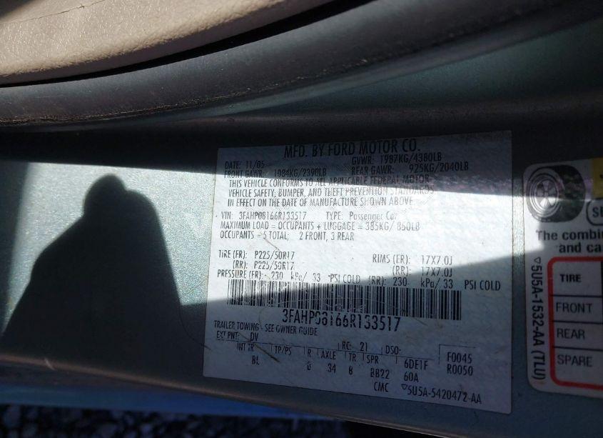Photo 9 of 2006 Ford Fusion SEL (VIN 3FAHP08166R133517)