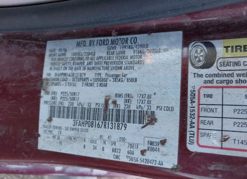 Photo 9 of 2007 Ford Fusion SEL (VIN 3FAHP08167R131879)
