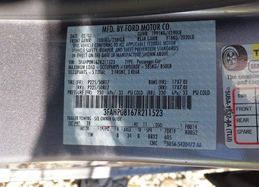 Photo 9 of 2007 Ford Fusion SEL (VIN 3FAHP08167R211523)