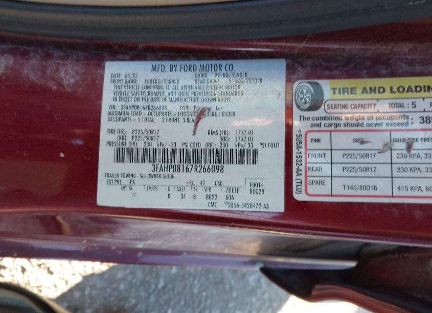 Photo 9 of 2007 Ford Fusion SEL (VIN 3FAHP08167R266098)