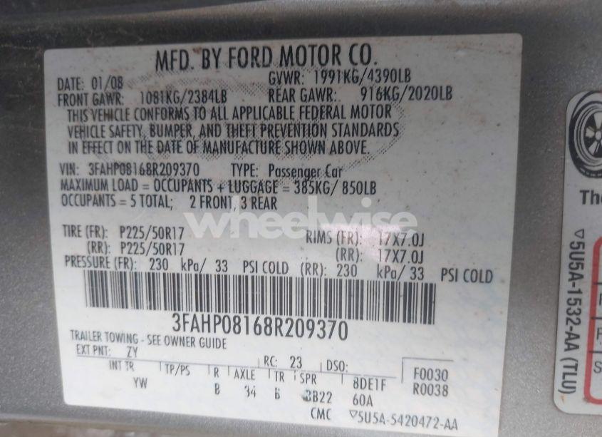 Photo 9 of 2008 Ford Fusion SEL (VIN 3FAHP08168R209370)