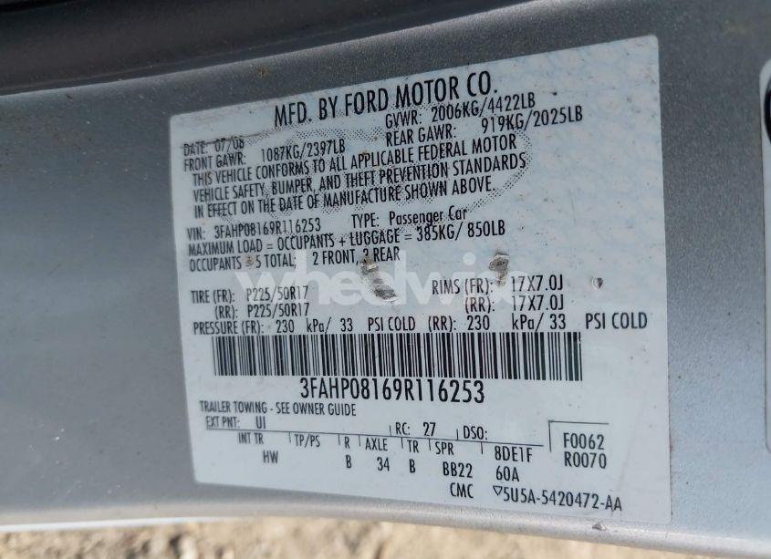 Photo 8 of 2009 Ford Fusion SEL (VIN 3FAHP08169R116253)