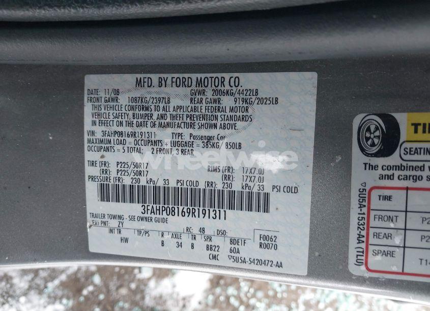 Photo 9 of 2009 Ford Fusion SEL (VIN 3FAHP08169R191311)