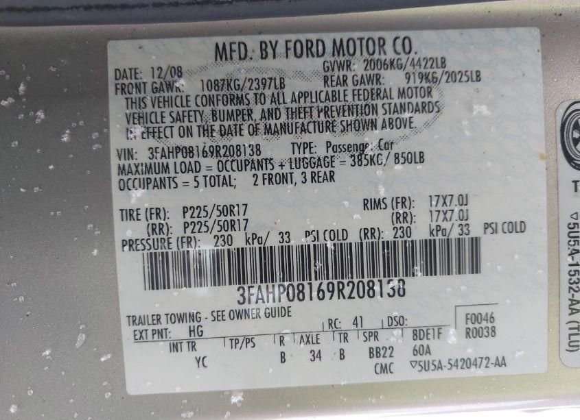 Photo 9 of 2009 Ford Fusion SEL (VIN 3FAHP08169R208138)