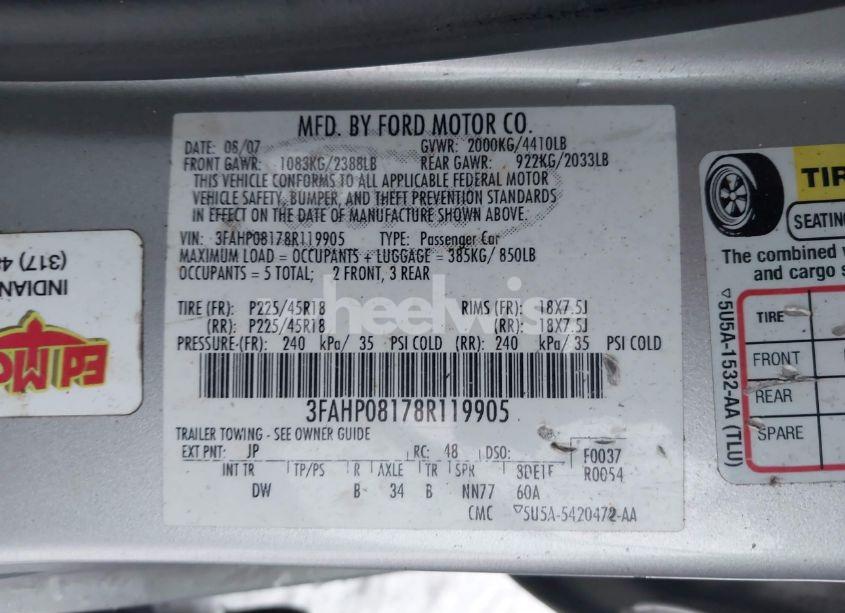 Photo 9 of 2008 Ford Fusion SEL (VIN 3FAHP08178R119905)