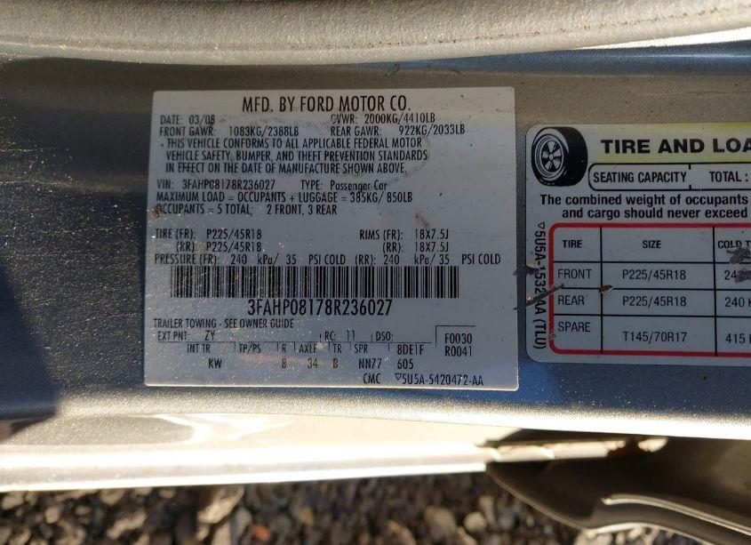 Photo 9 of 2008 Ford Fusion SEL (VIN 3FAHP08178R236027)