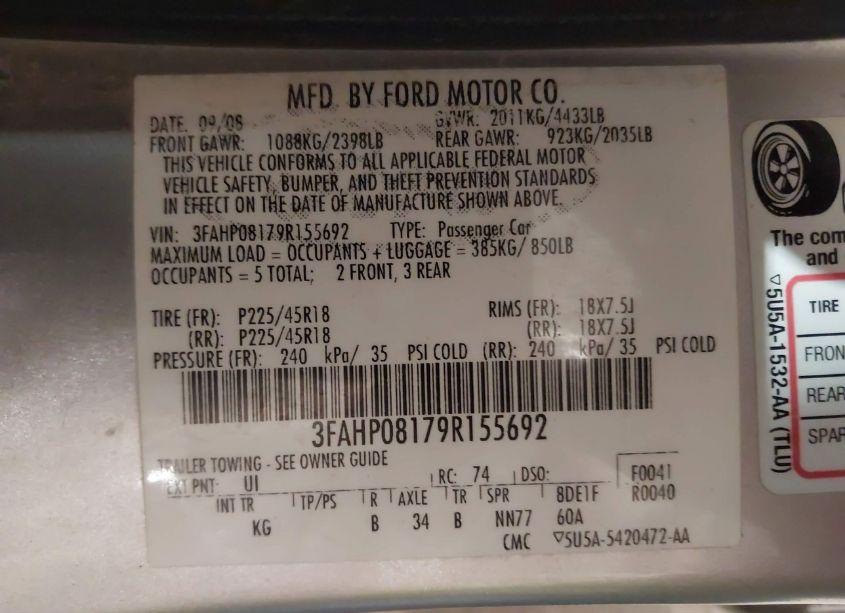 Photo 9 of 2009 Ford Fusion SEL (VIN 3FAHP08179R155692)