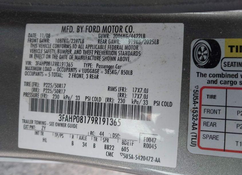 Photo 9 of 2009 Ford Fusion SEL (VIN 3FAHP08179R191365)
