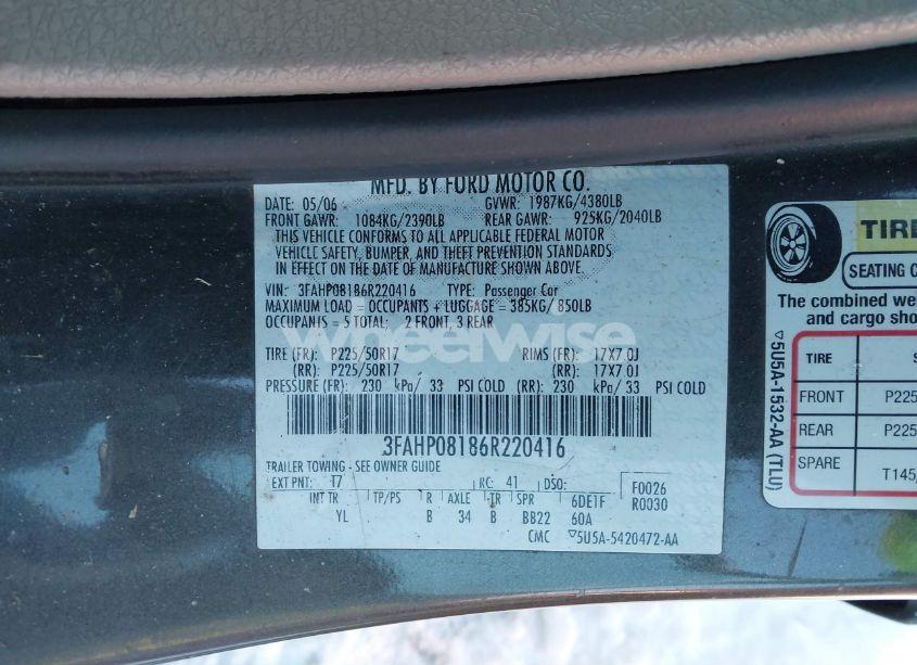 Photo 9 of 2006 Ford Fusion SEL (VIN 3FAHP08186R220416)
