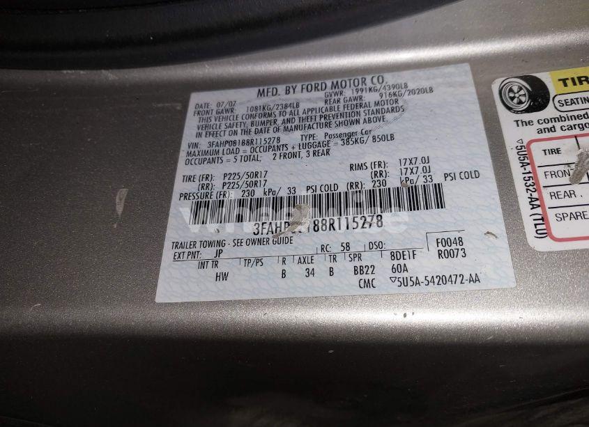 Photo 9 of 2008 Ford Fusion SEL (VIN 3FAHP08188R115278)