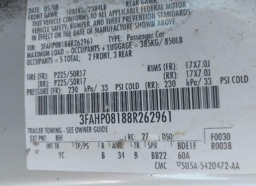 Photo 9 of 2008 Ford Fusion SEL (VIN 3FAHP08188R262961)