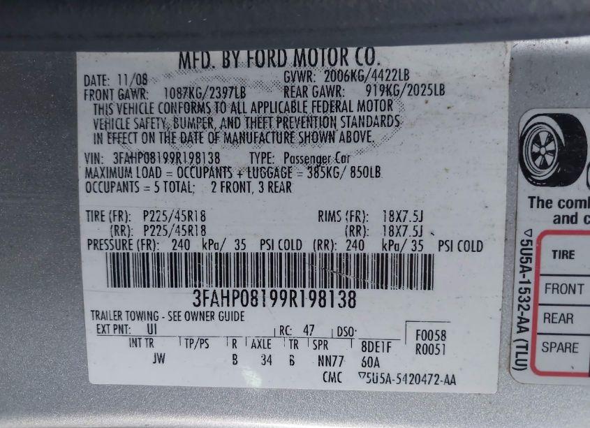 Photo 9 of 2009 Ford Fusion SEL (VIN 3FAHP08199R198138)