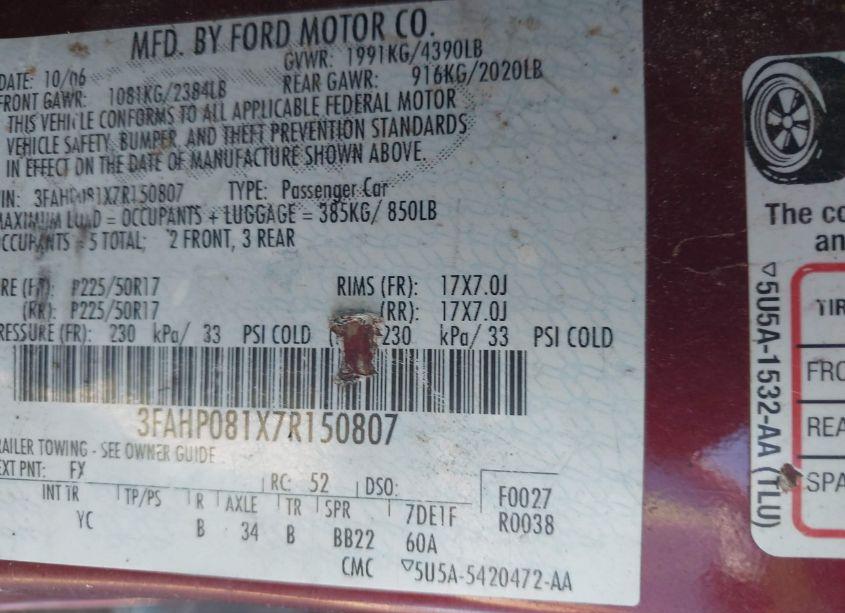 Photo 9 of 2007 Ford Fusion SEL (VIN 3FAHP081X7R150807)