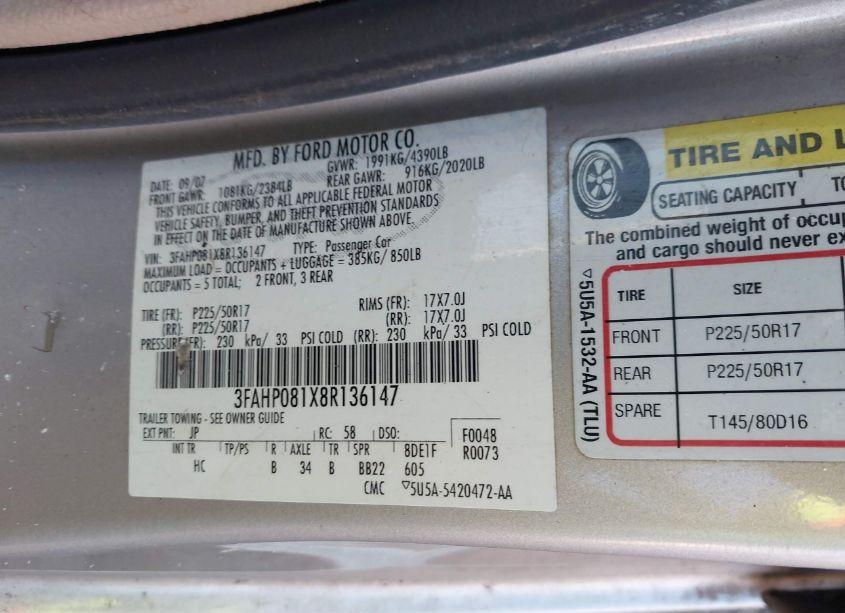 Photo 9 of 2008 Ford Fusion SEL (VIN 3FAHP081X8R136147)