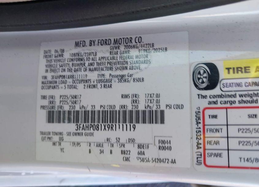 Photo 9 of 2009 Ford Fusion SEL (VIN 3FAHP081X9R111119)