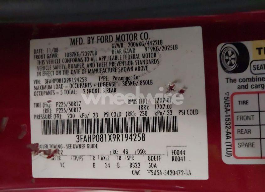 Photo 9 of 2009 Ford Fusion SEL (VIN 3FAHP081X9R194258)