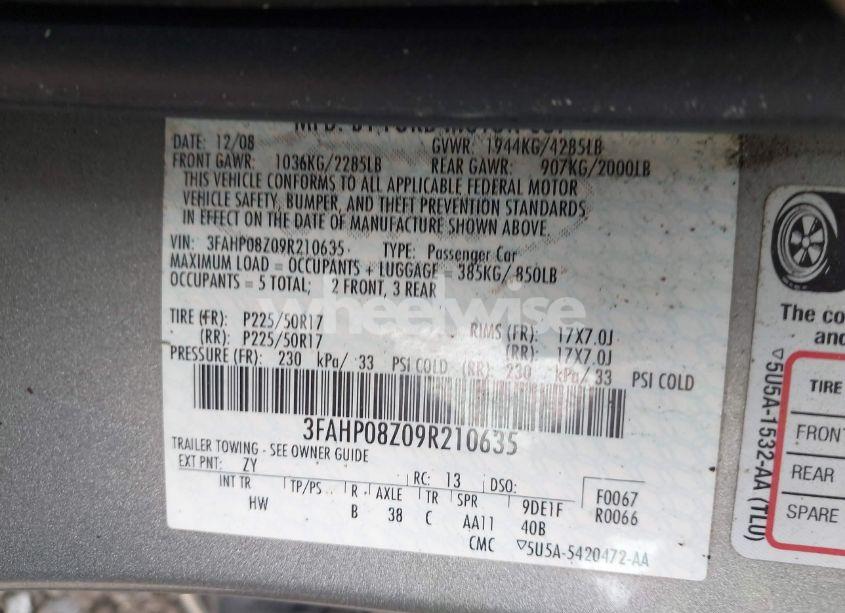 Photo 9 of 2009 Ford Fusion SEL (VIN 3FAHP08Z09R210635)