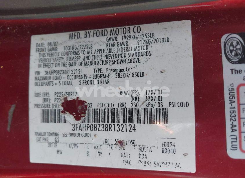 Photo 9 of 2008 Ford Fusion SEL (VIN 3FAHP08Z38R132124)