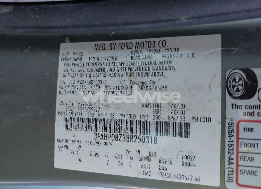 Photo 9 of 2008 Ford Fusion SEL (VIN 3FAHP08Z38R250318)