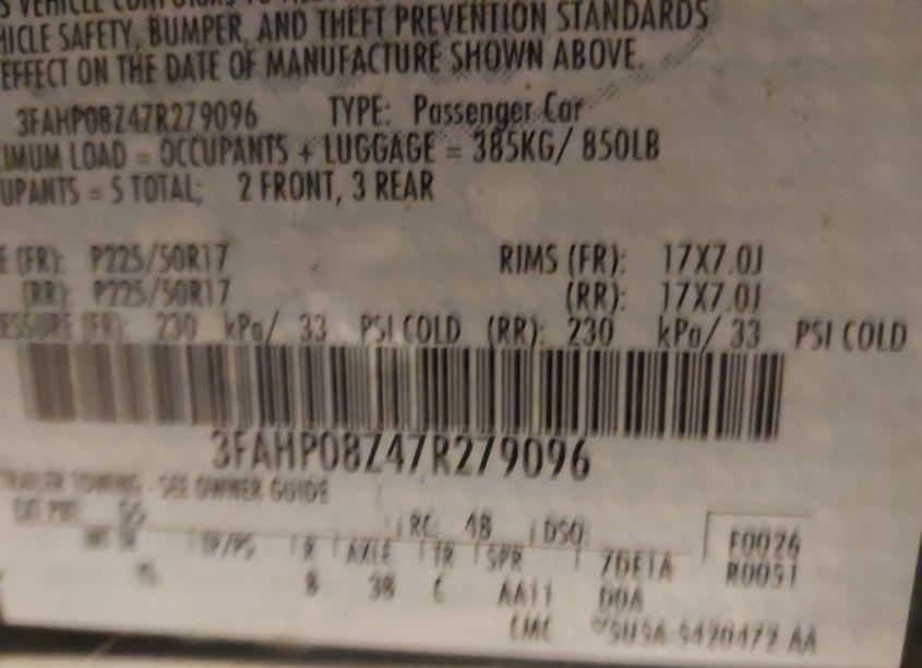 Photo 9 of 2007 Ford Fusion SEL (VIN 3FAHP08Z47R279096)