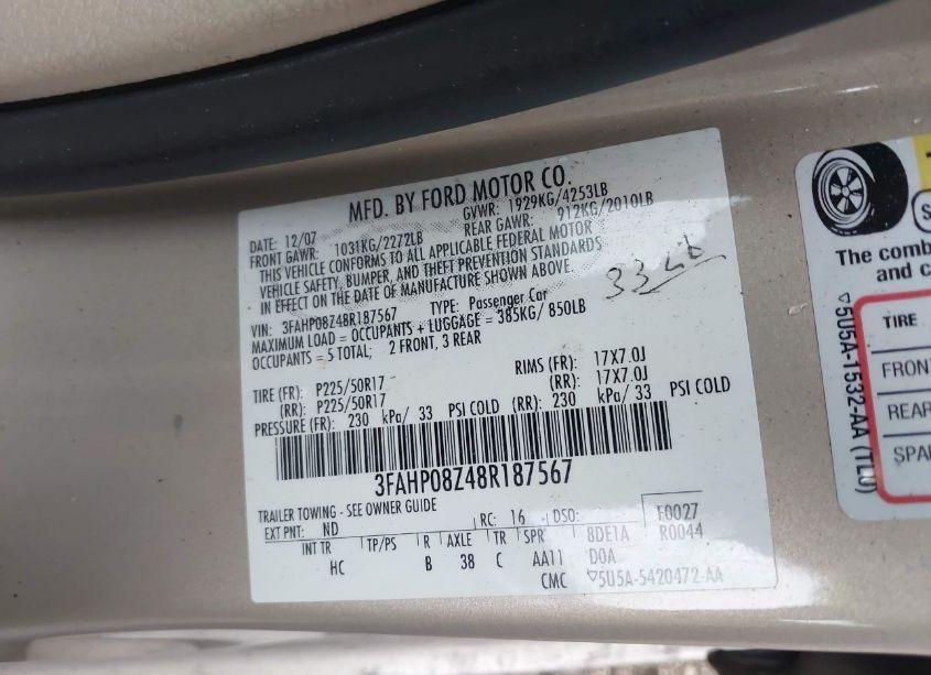 Photo 9 of 2008 Ford Fusion SEL (VIN 3FAHP08Z48R187567)