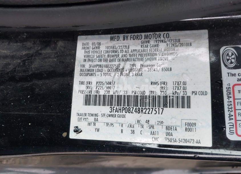 Photo 9 of 2008 Ford Fusion SEL (VIN 3FAHP08Z48R227517)