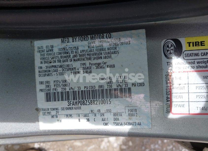 Photo 9 of 2008 Ford Fusion SEL (VIN 3FAHP08Z58R210015)