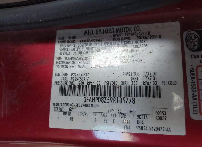 Photo 9 of 2009 Ford Fusion SEL (VIN 3FAHP08Z59R185778)