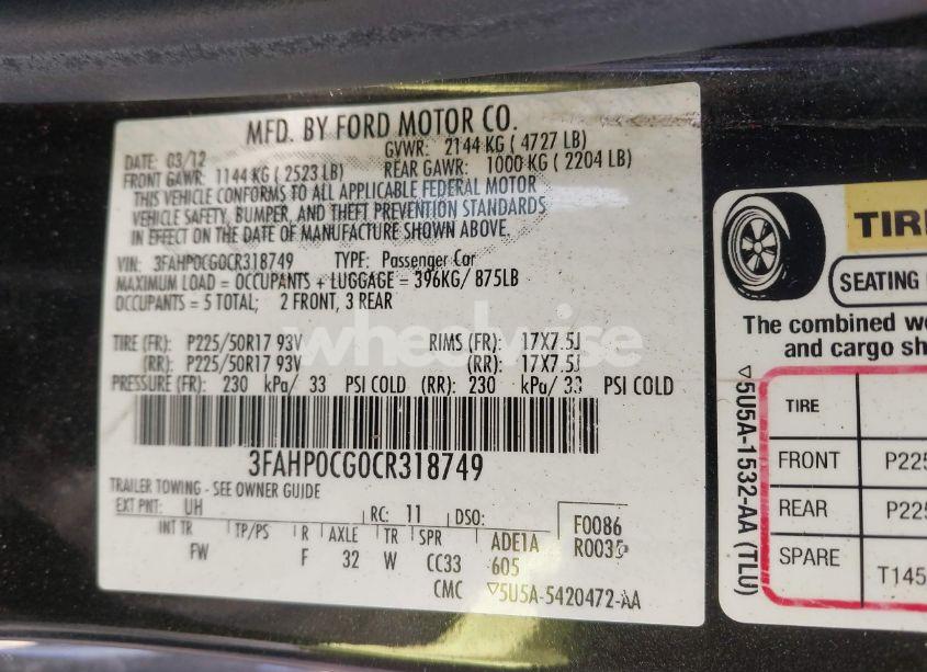 Photo 9 of 2012 Ford Fusion SEL (VIN 3FAHP0CG0CR318749)