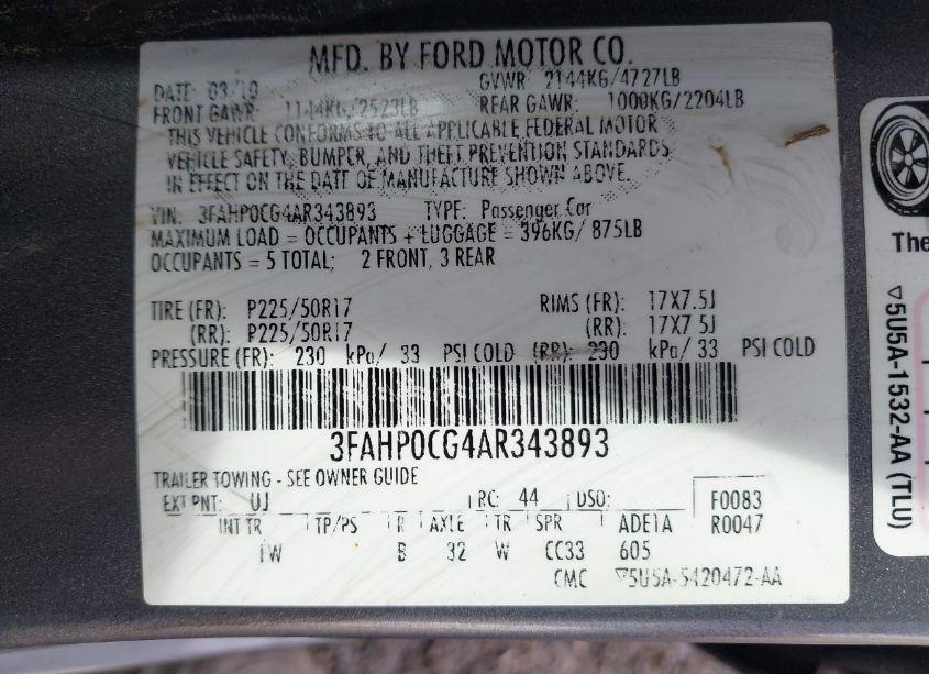 Photo 9 of 2010 Ford Fusion SEL (VIN 3FAHP0CG4AR343893)