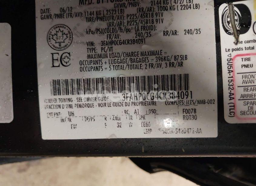 Photo 9 of 2012 Ford Fusion SEL (VIN 3FAHP0CG4CR384091)