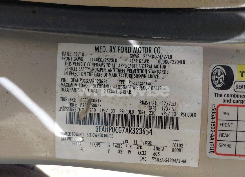 Photo 9 of 2010 Ford Fusion SEL (VIN 3FAHP0CG7AR323654)