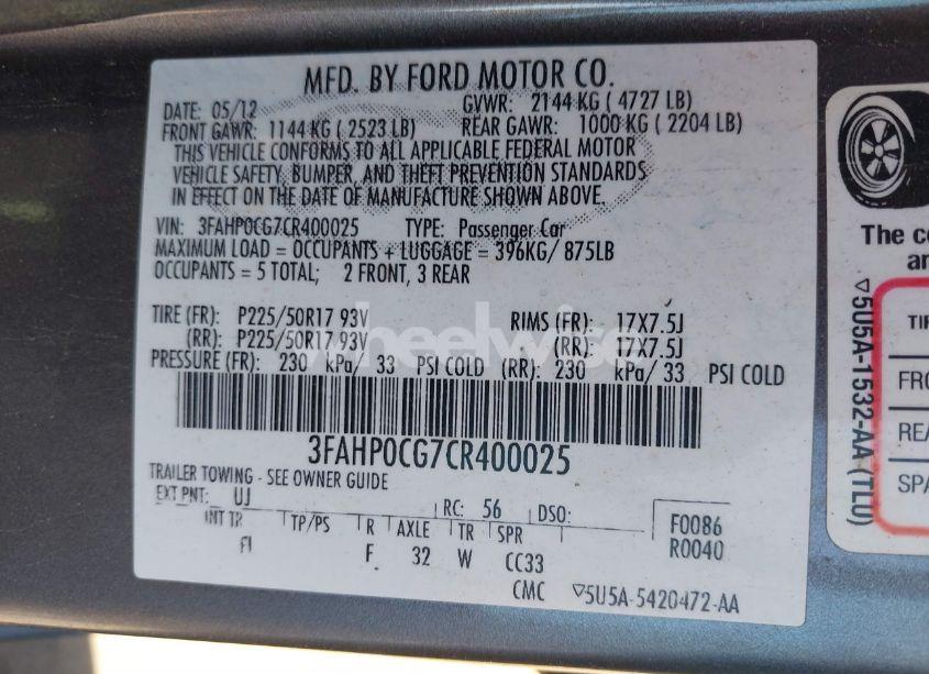 Photo 9 of 2012 Ford Fusion SEL (VIN 3FAHP0CG7CR400025)