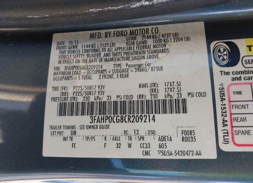 Photo 9 of 2012 Ford Fusion SEL (VIN 3FAHP0CG8CR209214)