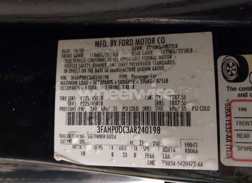 Photo 9 of 2010 Ford Fusion SPORT (VIN 3FAHP0DC3AR240198)