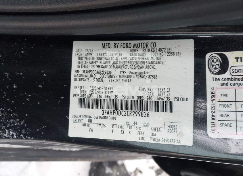 Photo 9 of 2012 Ford Fusion SPORT (VIN 3FAHP0DC3CR299836)