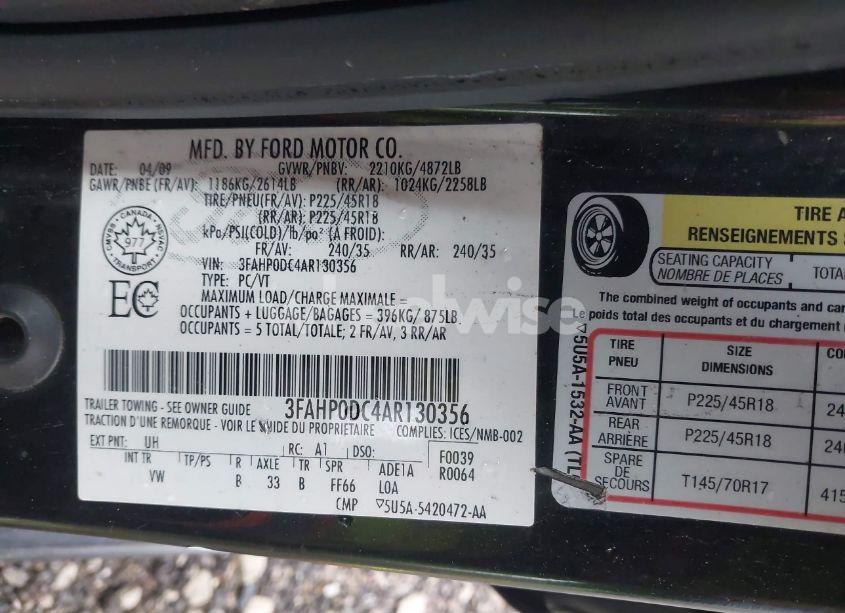 Photo 9 of 2010 Ford Fusion SPORT (VIN 3FAHP0DC4AR130356)