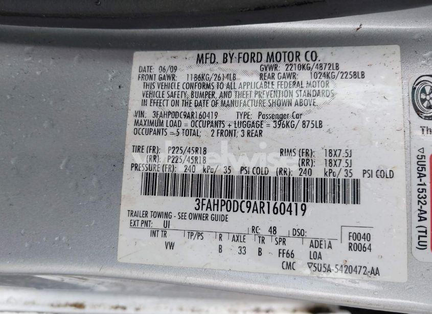 Photo 9 of 2010 Ford Fusion SPORT (VIN 3FAHP0DC9AR160419)