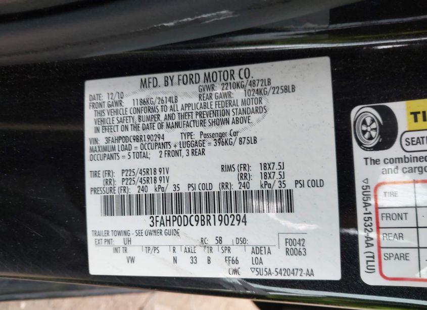 Photo 9 of 2011 Ford Fusion SPORT (VIN 3FAHP0DC9BR190294)