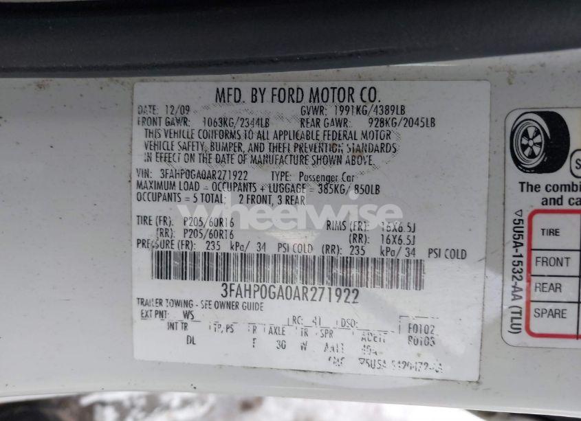 Photo 9 of 2010 Ford Fusion S (VIN 3FAHP0GA0AR271922)