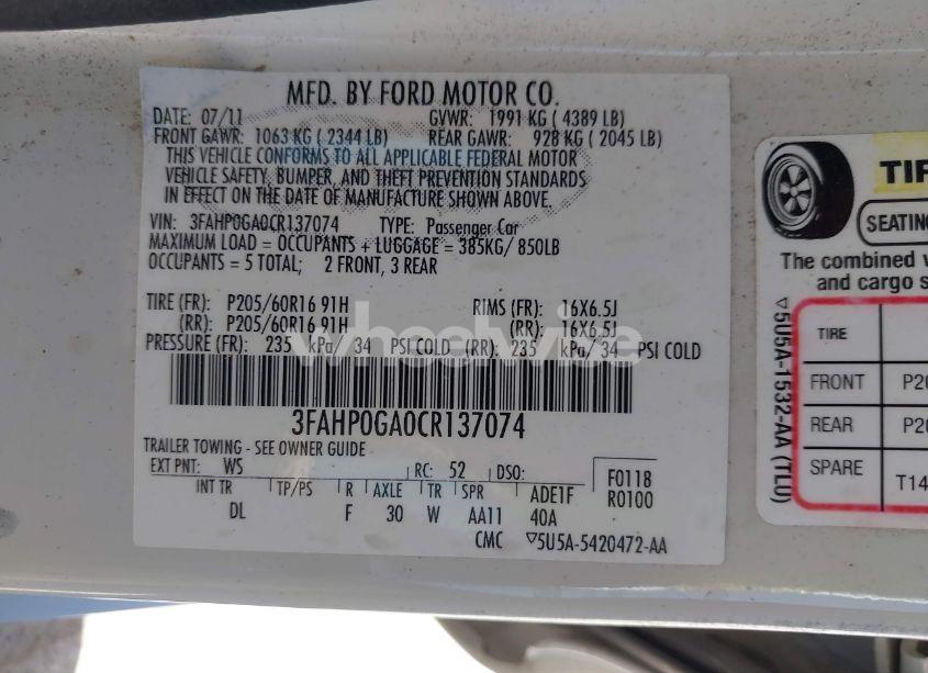 Photo 9 of 2012 Ford Fusion S (VIN 3FAHP0GA0CR137074)