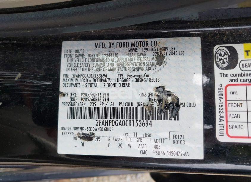 Photo 9 of 2012 Ford Fusion S (VIN 3FAHP0GA0CR153694)