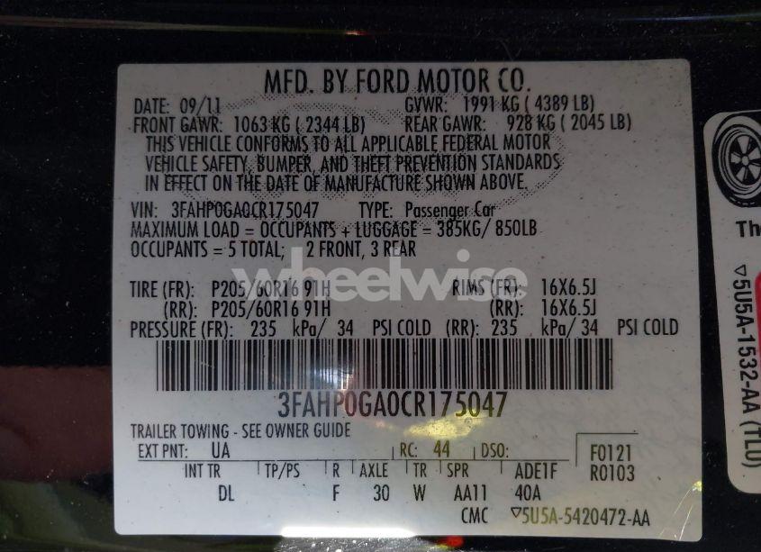 Photo 9 of 2012 Ford Fusion S (VIN 3FAHP0GA0CR175047)