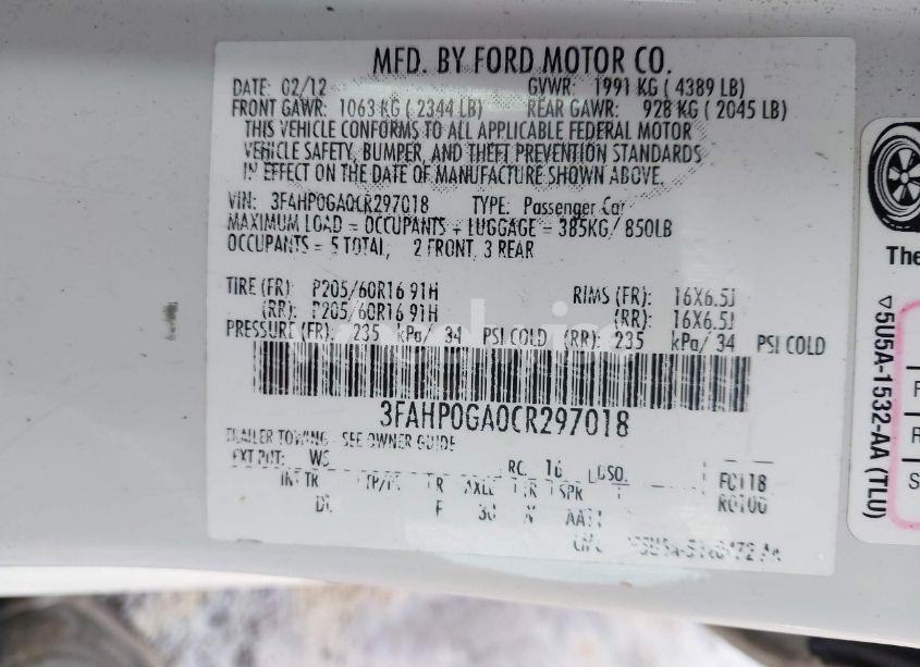 Photo 9 of 2012 Ford Fusion S (VIN 3FAHP0GA0CR297018)