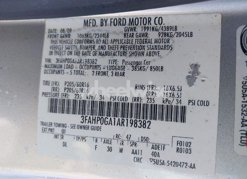 Photo 9 of 2010 Ford Fusion S (VIN 3FAHP0GA1AR198382)